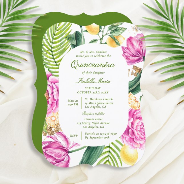 Watercolor Floral Peonies Tulips Lemon Quinceañera Invitation (Creator Uploaded)