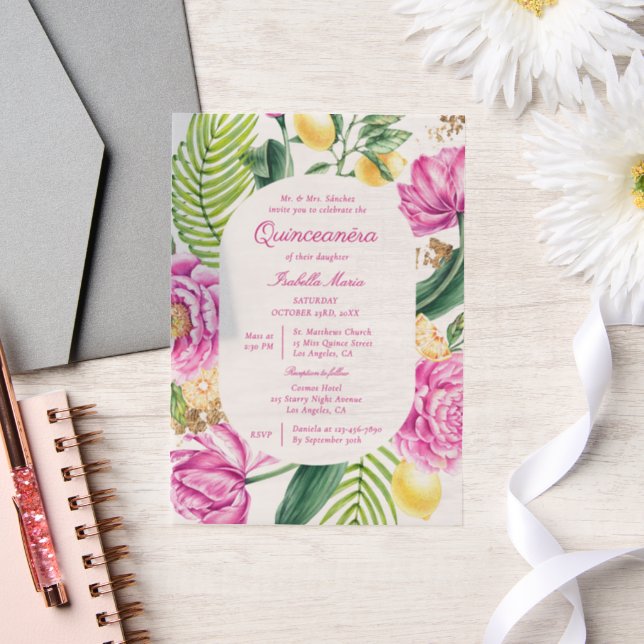 Watercolor Floral Peonies Tulips Lemon Quinceañera Vellum Invitations (Wedding)