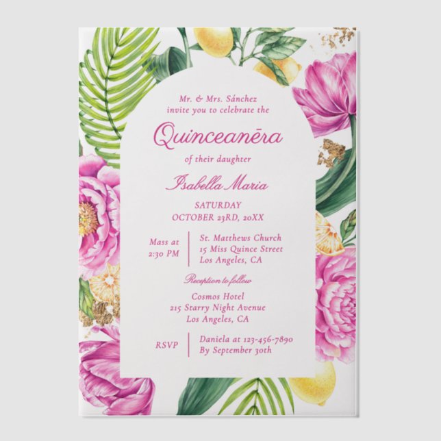 Watercolor Floral Peonies Tulips Lemon Quinceañera Vellum Invitations (Front)