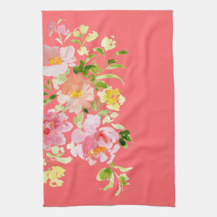 Watercolor floral peony garden coral tea towel