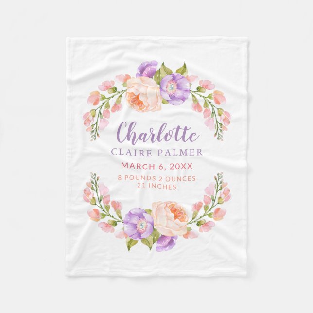 Watercolor Floral Personalised Baby Birth Stats Fleece Blanket (Front)