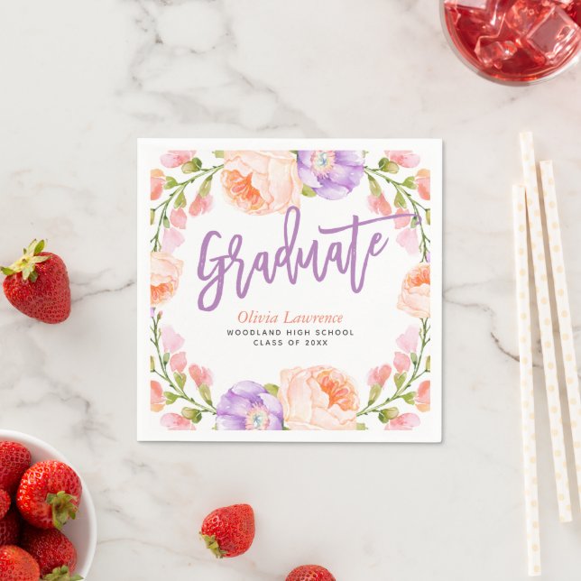 Watercolor Floral Personalised Graduation Party Napkin (Insitu)