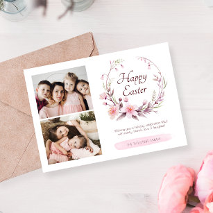 Watercolor Floral Personalised Photo Pink Easter Holiday Card