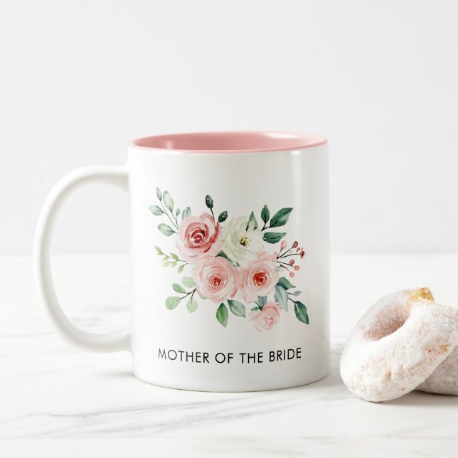 Watercolor Floral Personalised Pink Two-Tone Coffee Mug (With Donut)