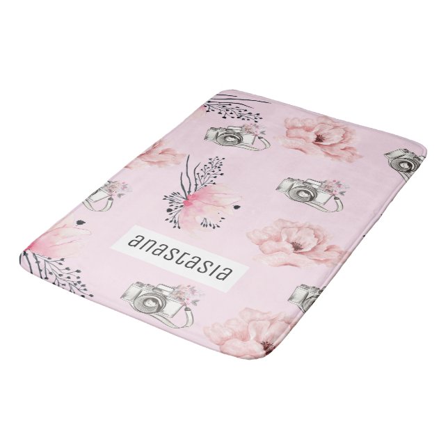 Watercolor Floral Personalised Rose Bath Mat (Angled)