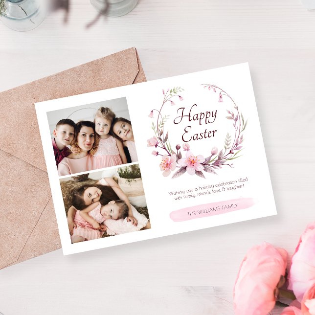 Watercolor Floral Personalized Photo Pink Easter Holiday Card (Creator Uploaded)