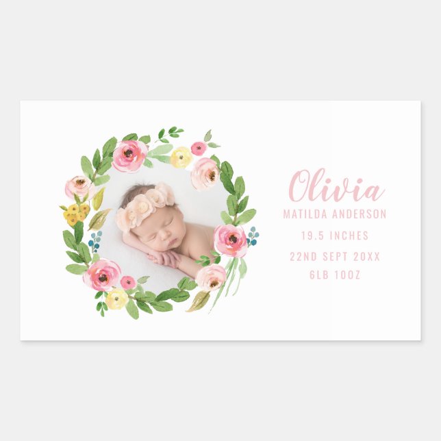 Watercolor floral photo birth announcement rectangular sticker (Front)