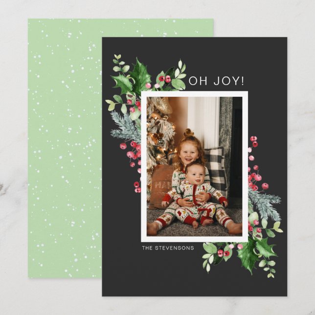 Watercolor Floral Photo Christmas Holiday Card (Front/Back)