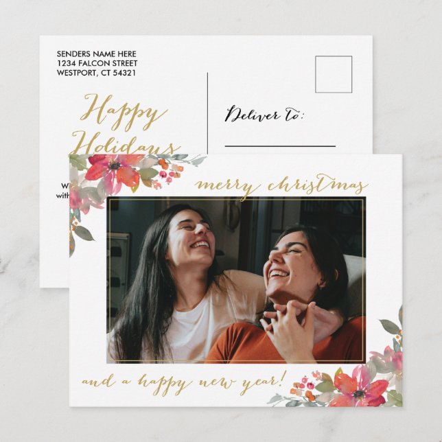Watercolor Floral Photo Christmas  Postcard (Front/Back)