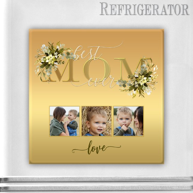 Watercolor Floral Photo Collage Mom Magnet (Gold magnet with 3 custom photos, script text and watercolor flowers for Mom or Mother's Day)