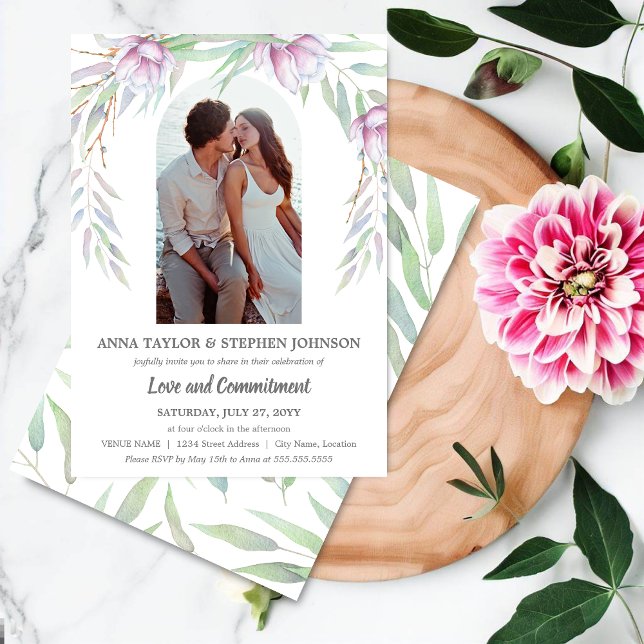 Watercolor Floral & Photo Commitment Ceremony Invitation (Beautiful floral and photo commitment ceremony invitation front and back.)