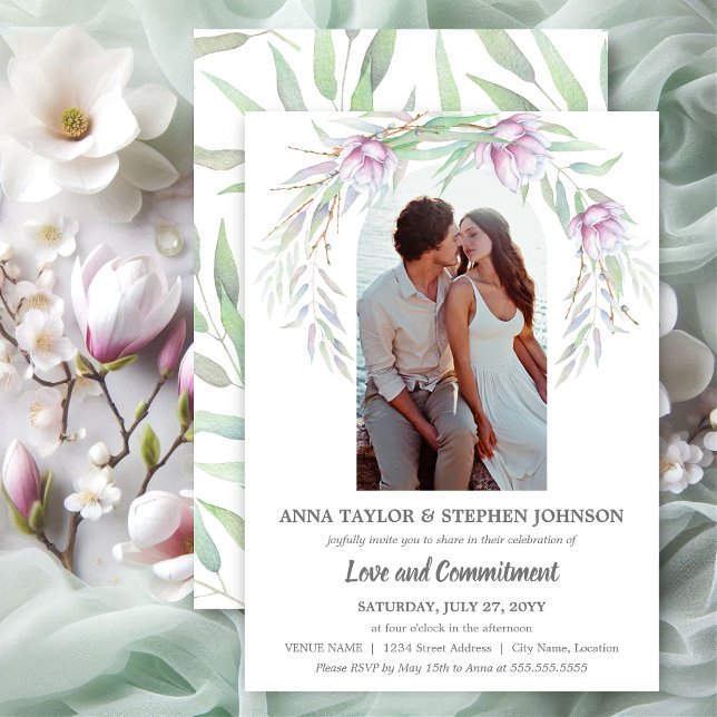 Watercolor Floral & Photo Commitment Ceremony Invitation (Elegant watercolor floral swag with couples photo commitment ceremony invitation front and back.)