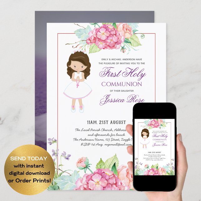 Watercolor Floral PHOTO First Communion Invitation (Creator Uploaded)