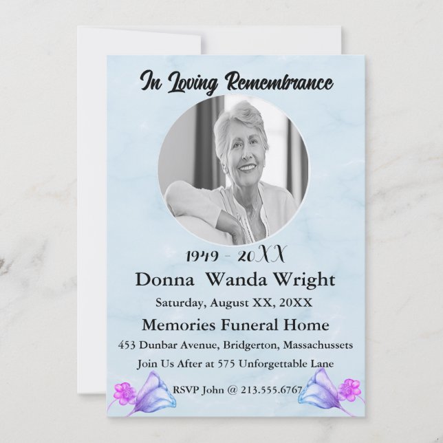 Watercolor Floral Photo Funeral Service  Invitation (Front)