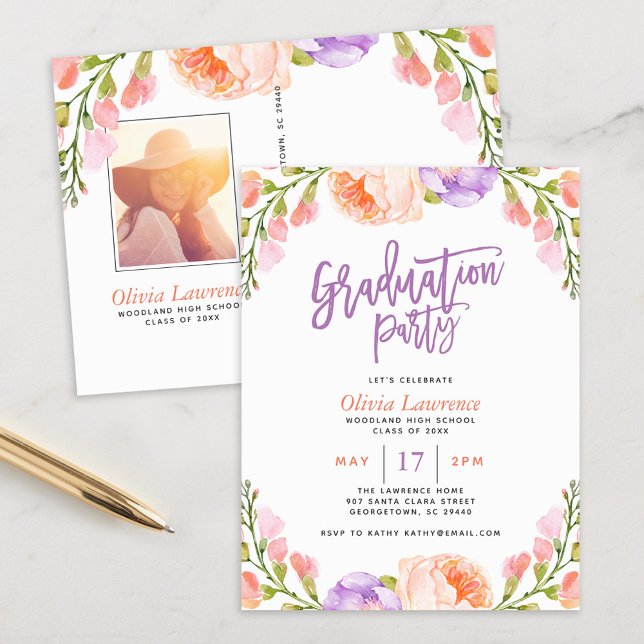 Watercolor Floral Photo Graduation Party Invite (Creator Uploaded)