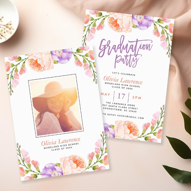 Watercolor Floral Photo Graduation Party Invite (Creator Uploaded)