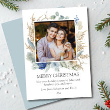 Watercolor Floral Photo Merry Christmas Cards
