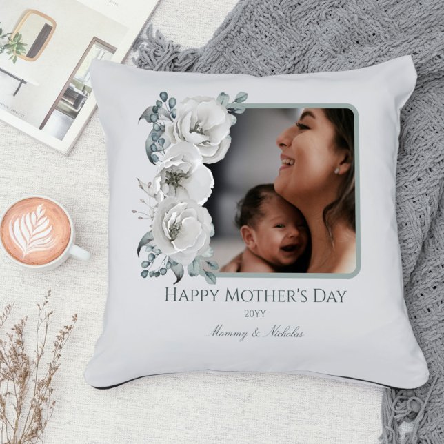 Watercolor Floral Photo Mother's Day Cushion (Watercolor Floral Photo Mother' s Day Throw Pillow)