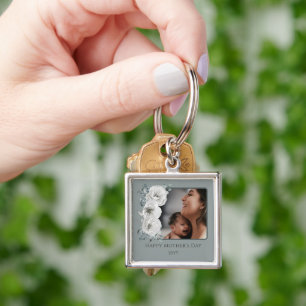 Watercolor Floral Photo Mother's Day Sage Green Key Ring