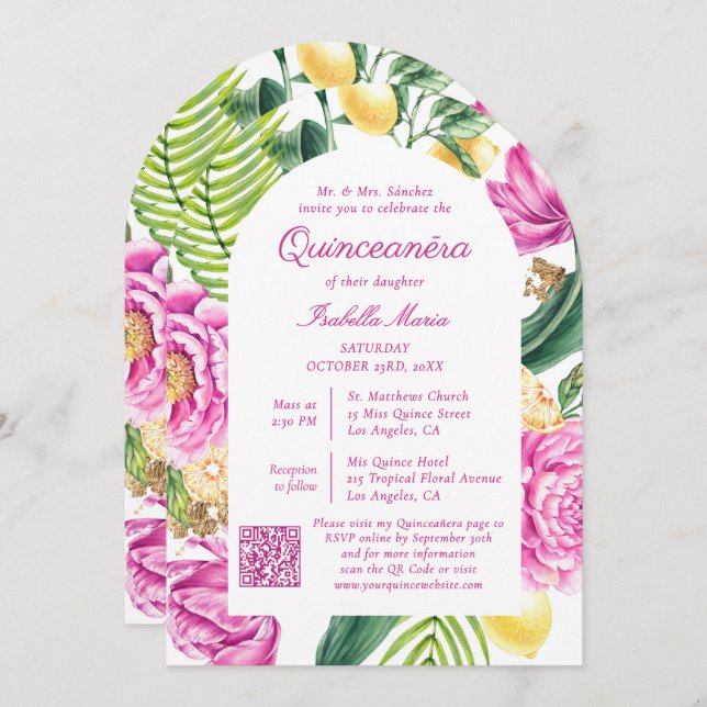 Watercolor Floral Photo QR Code Quinceañera Invitation (Front/Back)
