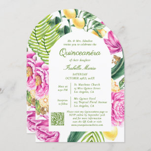 Watercolor Floral Photo QR Code Quinceañera Invitation