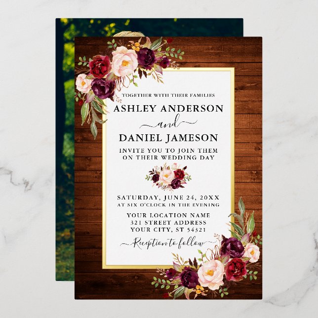Watercolor Floral Photo Rustic Wood Gold (Front/Back)