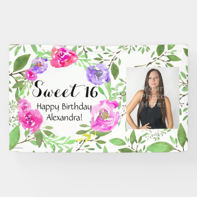 Watercolor Floral Photo Sweet 16 Birthday Party Banner (Horizontal)