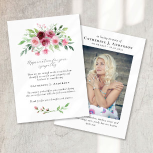 Watercolor Floral Photo Sympathy Funeral Memorial Thank You Card