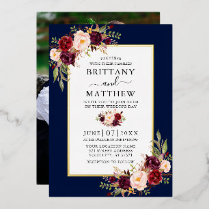 Watercolor Floral Photo Wedding Blue Gold