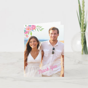 Watercolor Floral Photo Wedding Thank You Card