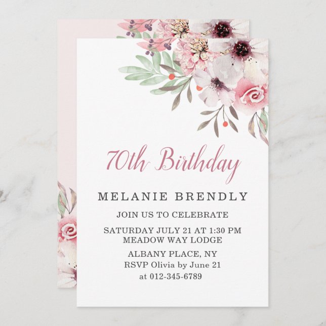 Watercolor Floral Pink 70th Birthday Party Invite  (Front/Back)