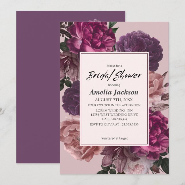  Watercolor floral pink and purple bridal shower Invitation (Front/Back)