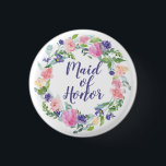 Watercolor Floral Pink and Purple Maid of Honour 3 Cm Round Badge<br><div class="desc">Very pretty way to let everyone know who your Maid of Honour is. A wreath of purple and pink watercolor flowers surrounds Maid of Honour which is written in a flowing purple script. It is editable so you can change this title to anything else such as Mother of the Bride....</div>