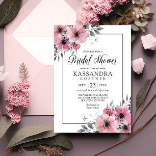 Watercolor Floral Pink Anemone Bridal Shower Invitation