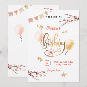 Watercolor Floral Pink Balloons Birthday  Invitation