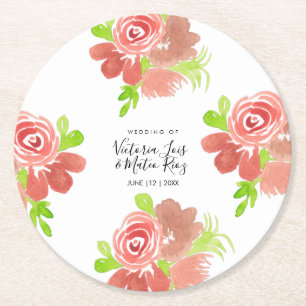 Watercolor Floral Pink Beige Blush Leaf Wedding Round Paper Coaster