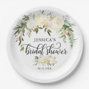 Watercolor Floral Pink Beige Ivory Bridal Shower Paper Plate