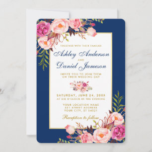Watercolor Floral Pink Blue Gold Wedding W Invitation