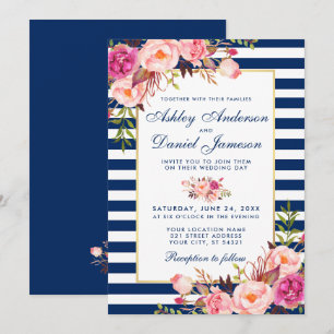 Watercolor Floral Pink Blue Stripes Wedding B Invitation