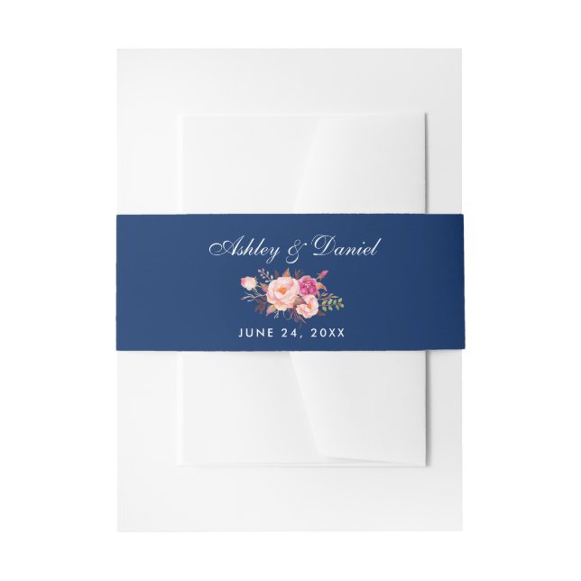 Watercolor Floral Pink Blue Wedding Invitation Belly Band (Front Example)