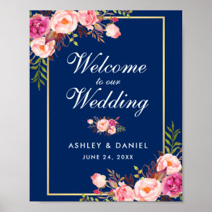 Watercolor Floral Pink Blue Wedding Welcome Poster