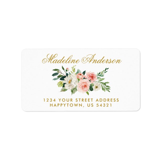 Watercolor Floral Pink Blush Address Gold Label (Front)