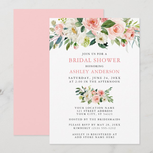 Watercolor Floral Pink Blush Elegant Bridal Shower Invitation (Front/Back)