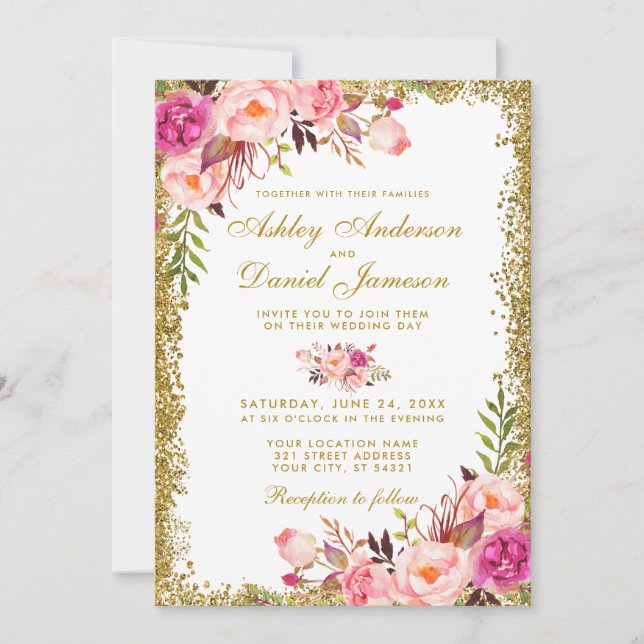 Watercolor Floral Pink Blush Gold Glitter Wedding Invitation (Front)