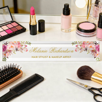 Watercolor Floral Pink Blush Gold Nameplate