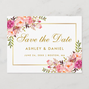 Watercolor Floral Pink Blush Gold Save The Date Announcement Postcard