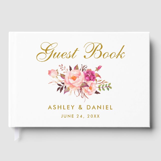Watercolor Floral Pink Blush Gold Wedding Guest Book (Front)