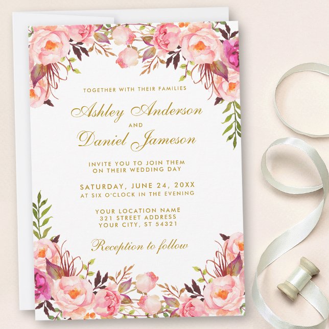 Watercolor Floral Pink Blush Gold Wedding Invitation (Customize to change text size, color, text style or to add more text to back.)