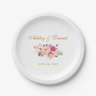 Watercolor Floral Pink Blush Gold Wedding Paper Plate