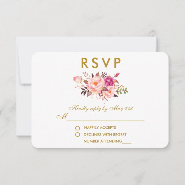 Watercolor Floral Pink Blush Gold Wedding RSVP Card (Front)